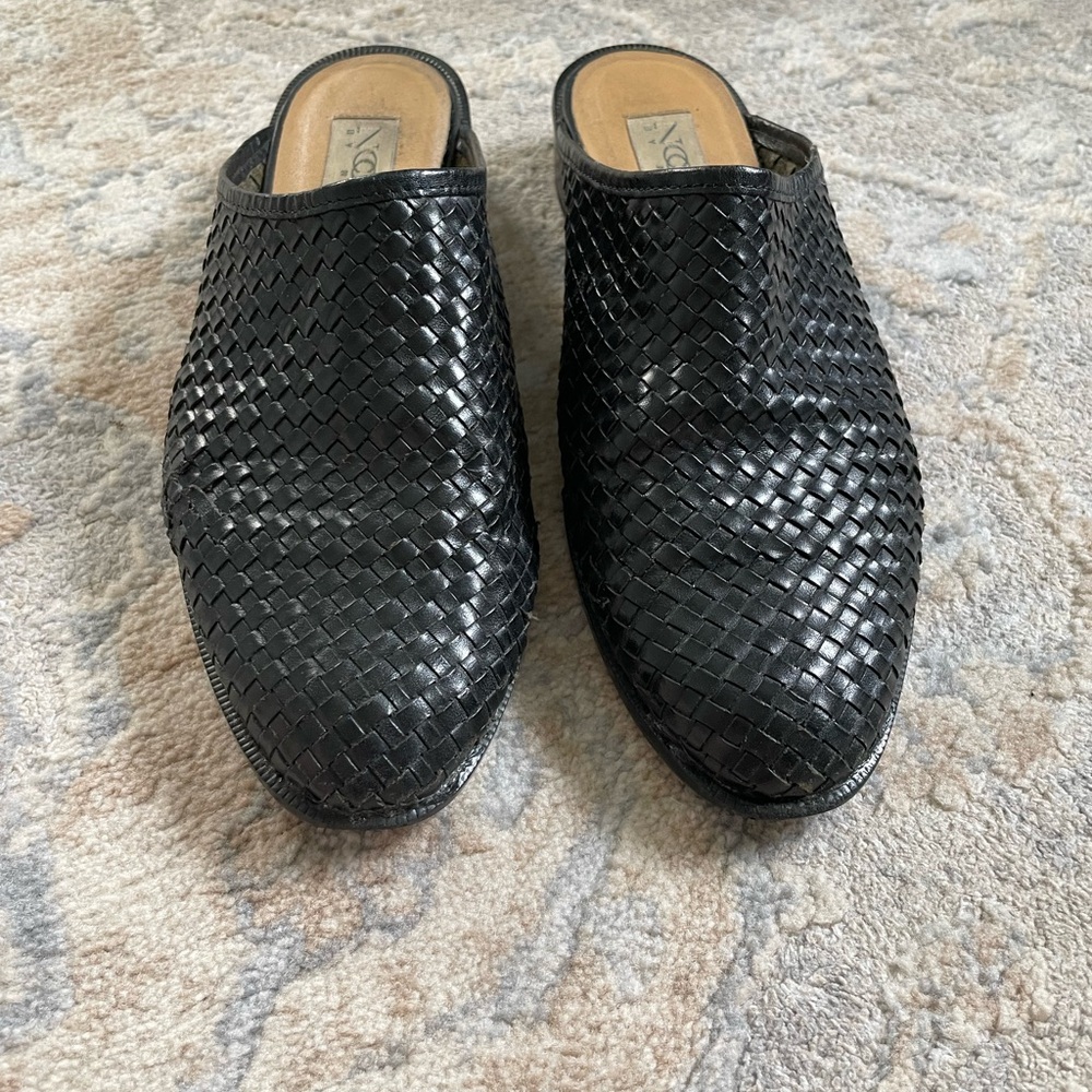 Vintage Woven Black Leather Slip-On Flats, Size 8